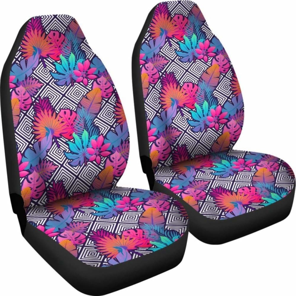 Hawaiian Tropical Exotic Leaves And Flowers On Geometrical Ornament. Car Seat Cover -