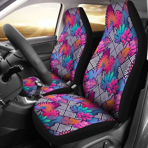 Hawaiian Tropical Exotic Leaves And Flowers On Geometrical Ornament. Car Seat Cover -