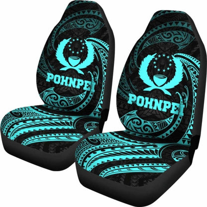 Pohnpei Micronesian Car Seat Covers - Neon Blue Tribal Wave -