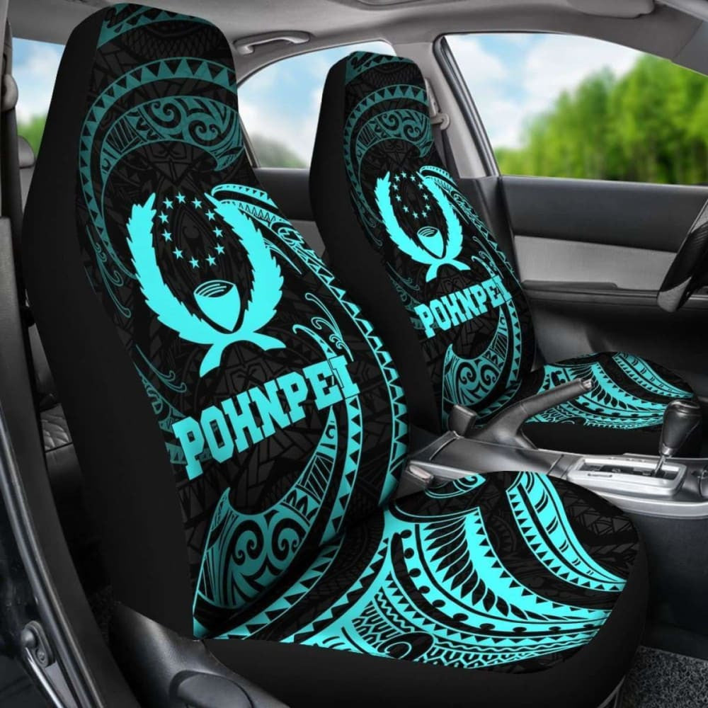 Pohnpei Micronesian Car Seat Covers - Neon Blue Tribal Wave -
