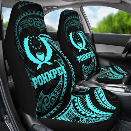 Pohnpei Micronesian Car Seat Covers - Neon Blue Tribal Wave -
