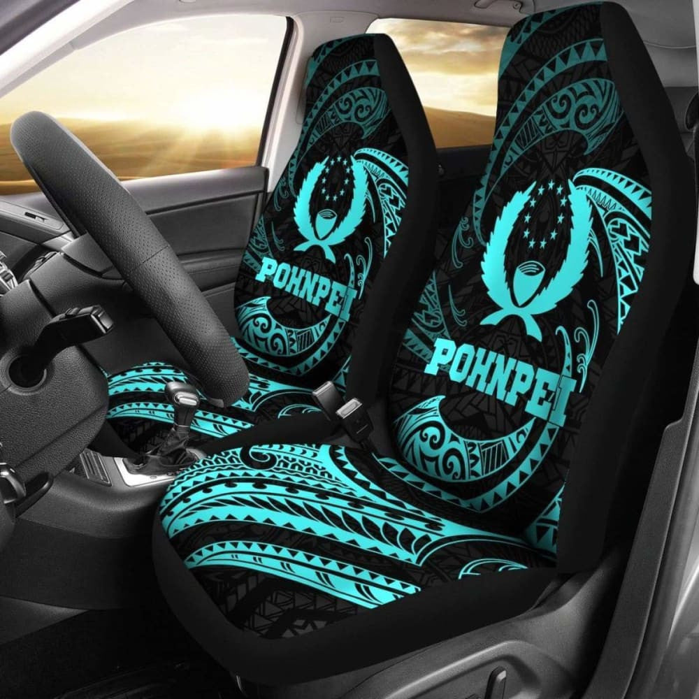 Pohnpei Micronesian Car Seat Covers - Neon Blue Tribal Wave -