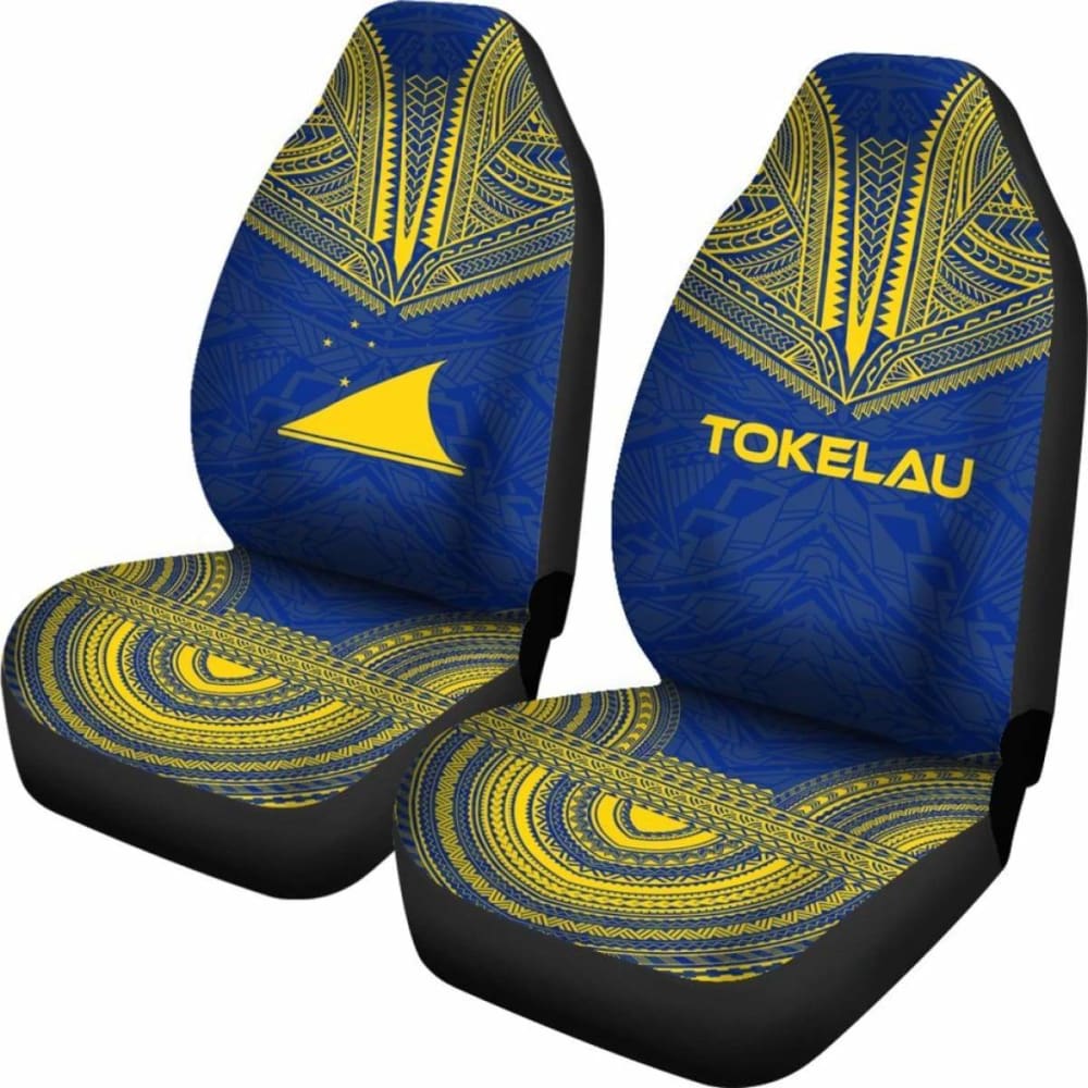 Tokelau Car Seat Cover - Tokelau Flag Polynesian Chief Tattoo Blue Version -
