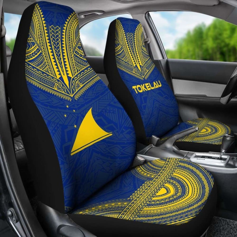 Tokelau Car Seat Cover - Tokelau Flag Polynesian Chief Tattoo Blue Version -