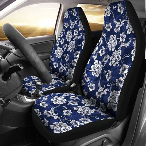 Dark Blue Baroque Flowers Elegant Floral Pattern Car Seat Covers