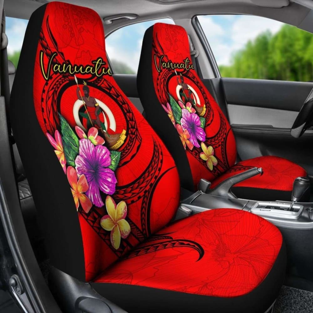 Vanuatu Polynesian Car Seat Covers - Floral With Seal Red -