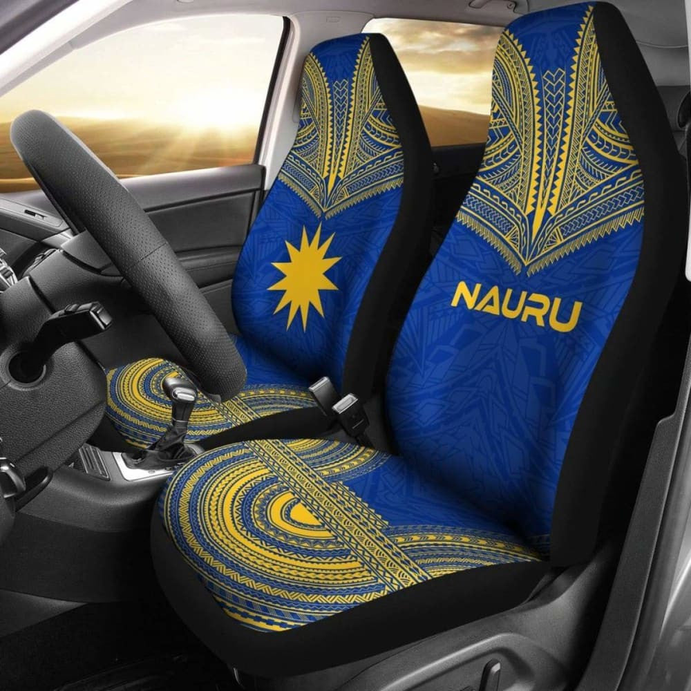 Nauru Car Seat Cover - Nauru Flag Polynesian Chief Tattoo Blue Version -