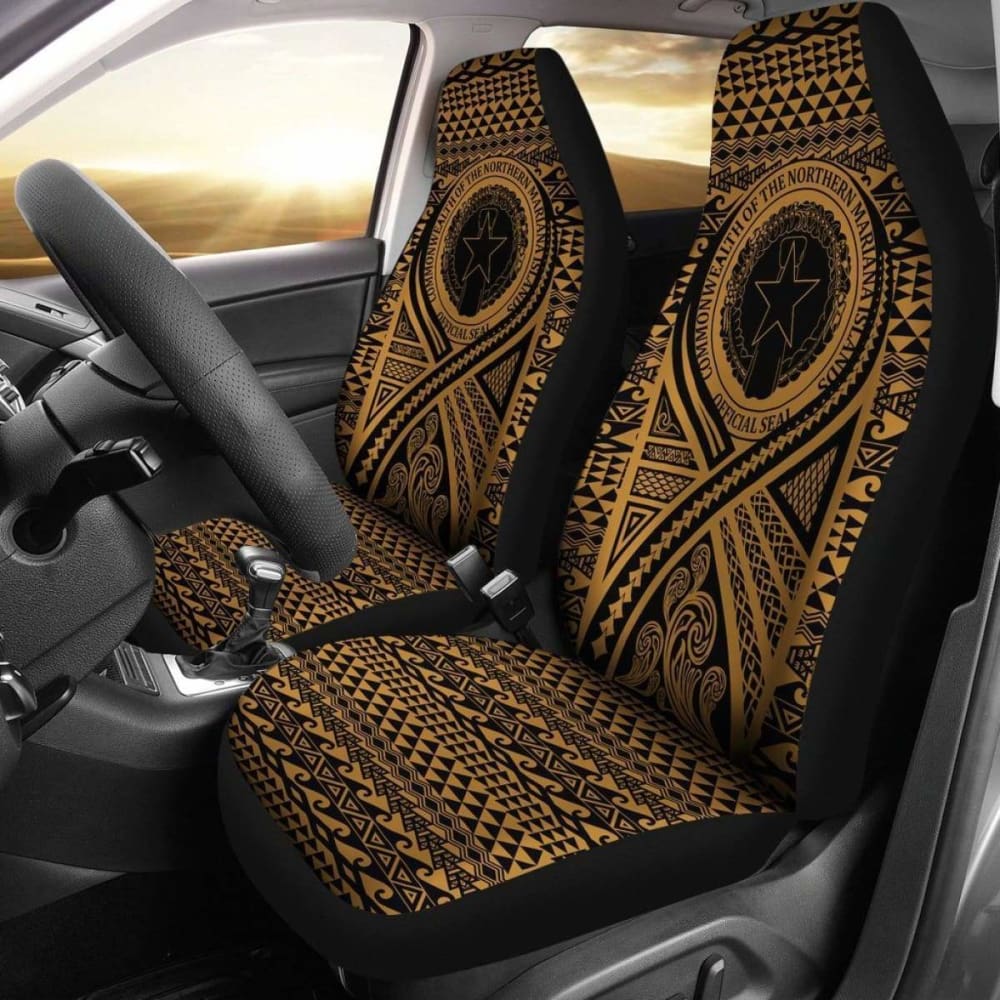 Northern Mariana Islands Car Seat Cover - Northern Mariana Islands Seal Polynesian Tattoo Gold -