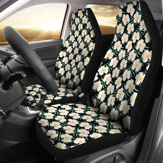 Black With Plumeria Frangipani Flower Pattern Hawaiian Island Floral Car Seat Covers