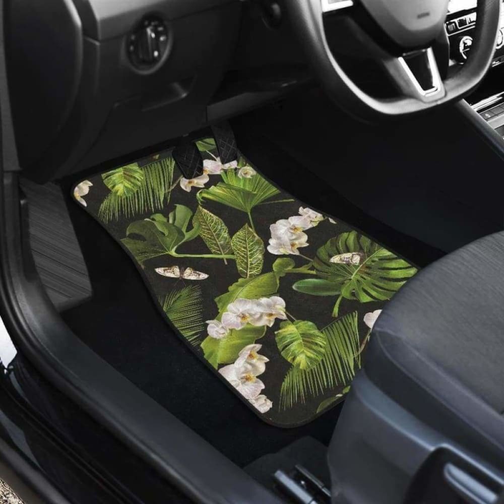 White Orchid Flower Tropical Leaves Pattern Blackground Front And Back Car Mats