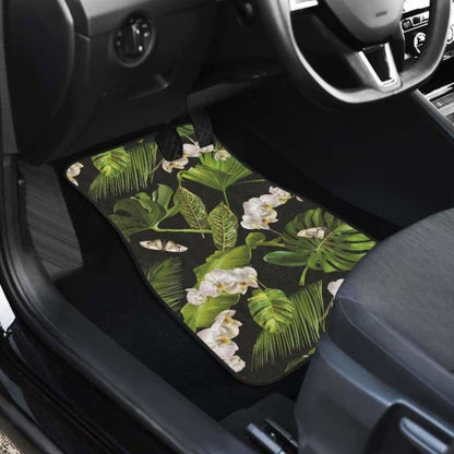 White Orchid Flower Tropical Leaves Pattern Blackground Front And Back Car Mats