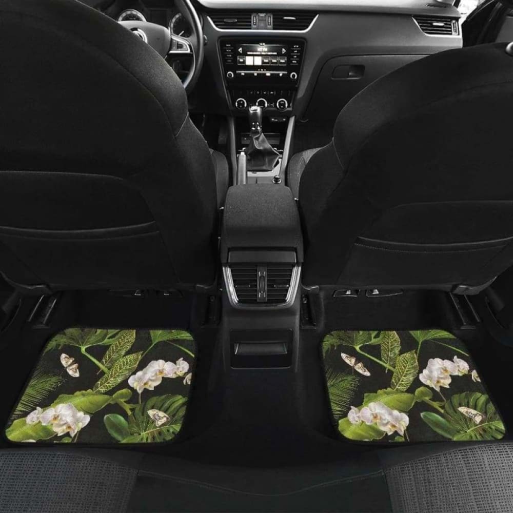 White Orchid Flower Tropical Leaves Pattern Blackground Front And Back Car Mats
