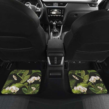 White Orchid Flower Tropical Leaves Pattern Blackground Front And Back Car Mats