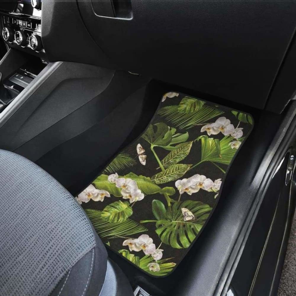 White Orchid Flower Tropical Leaves Pattern Blackground Front And Back Car Mats