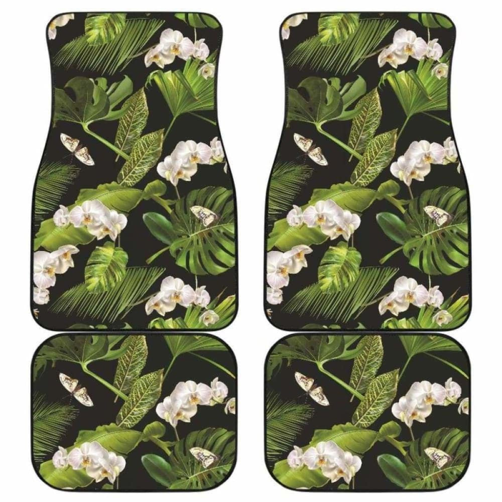 White Orchid Flower Tropical Leaves Pattern Blackground Front And Back Car Mats