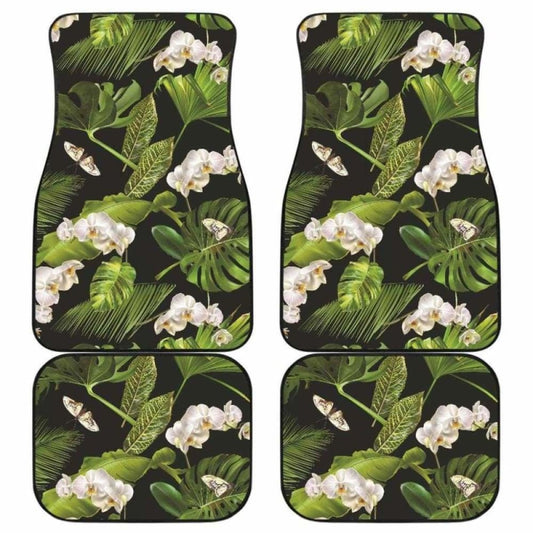 White Orchid Flower Tropical Leaves Pattern Blackground Front And Back Car Mats