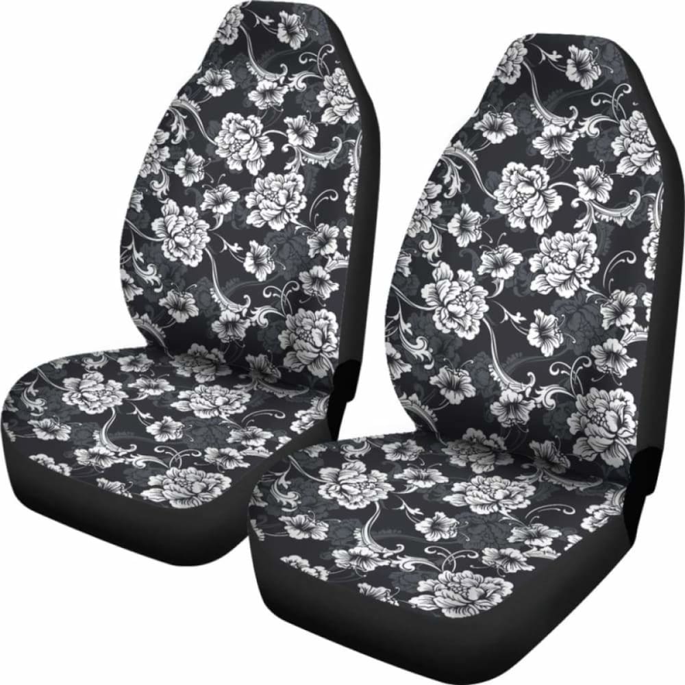 Dark Gray And White Baroque Flower Car Seat Covers