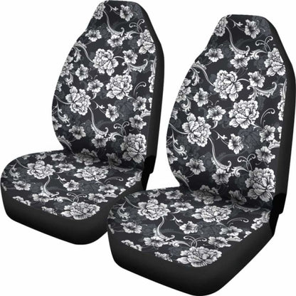 Dark Gray And White Baroque Flower Car Seat Covers