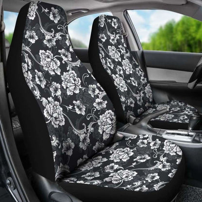 Dark Gray And White Baroque Flower Car Seat Covers