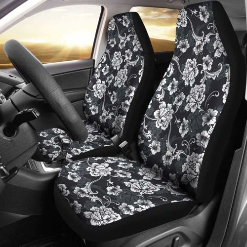 Dark Gray And White Baroque Flower Car Seat Covers