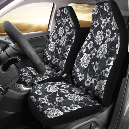 Dark Gray And White Baroque Flower Car Seat Covers