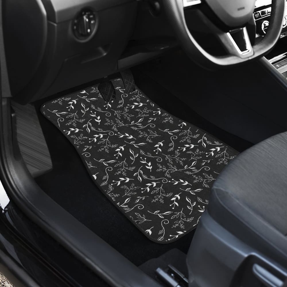 Black With White Leaves Pattern Car Floor Mats