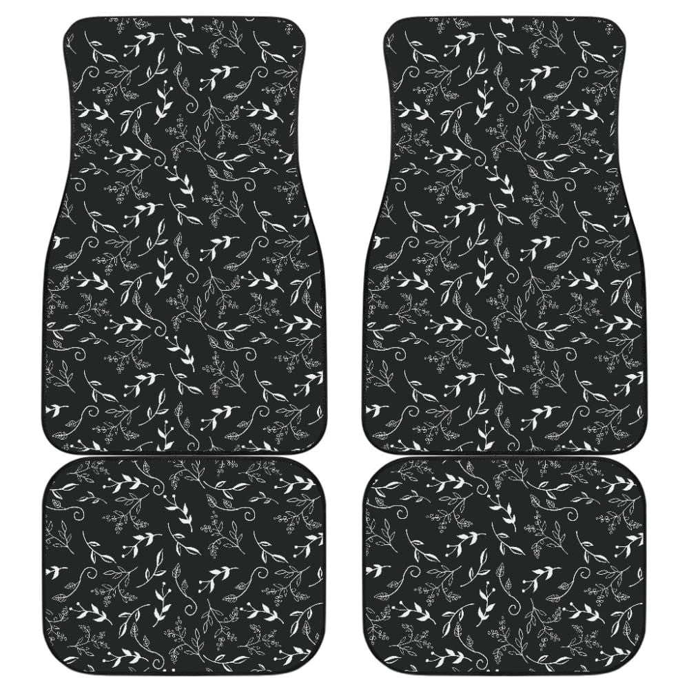Black With White Leaves Pattern Car Floor Mats