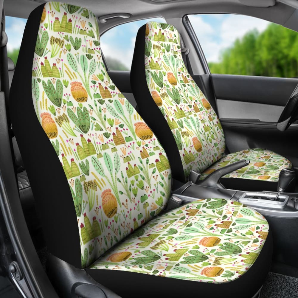 Car Seat Covers Green Flower Succulents and Cactus Doodle Pattern