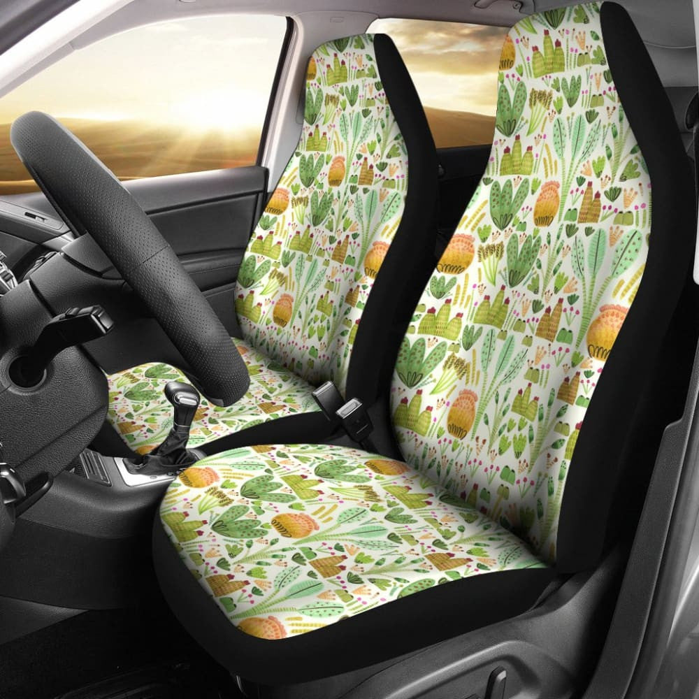 Car Seat Covers Green Flower Succulents and Cactus Doodle Pattern