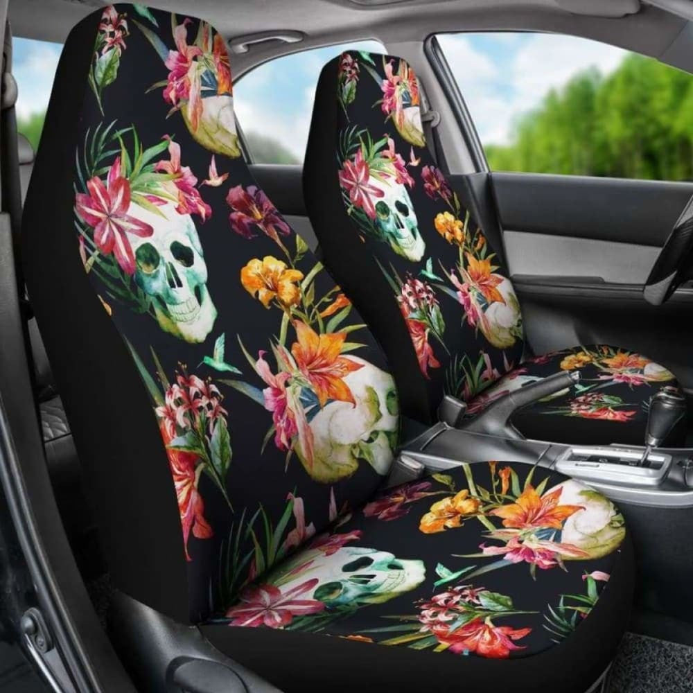 Set Of Pcs - Skull Floral Fire Halloween Skull Car Seat Covers