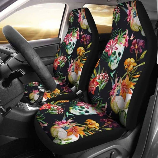 Set Of Pcs - Skull Floral Fire Halloween Skull Car Seat Covers