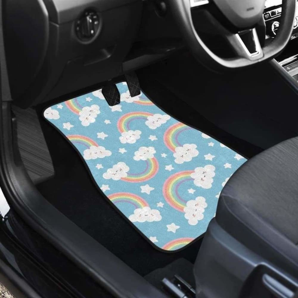 Cute Rainbow Clound Star Pattern Blue Background Front And Back Car Mats
