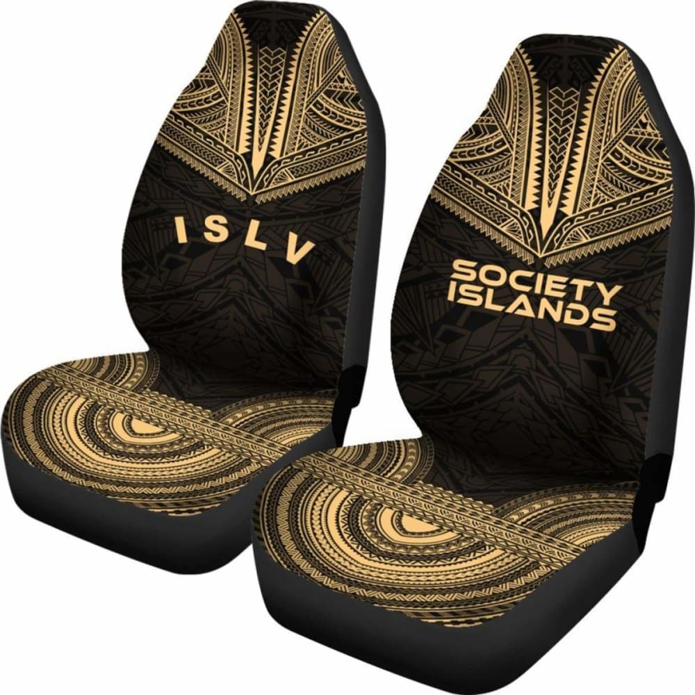 Society Islands Car Seat Cover - Society Islands Flag Polynesian Chief Tattoo Gold Version -