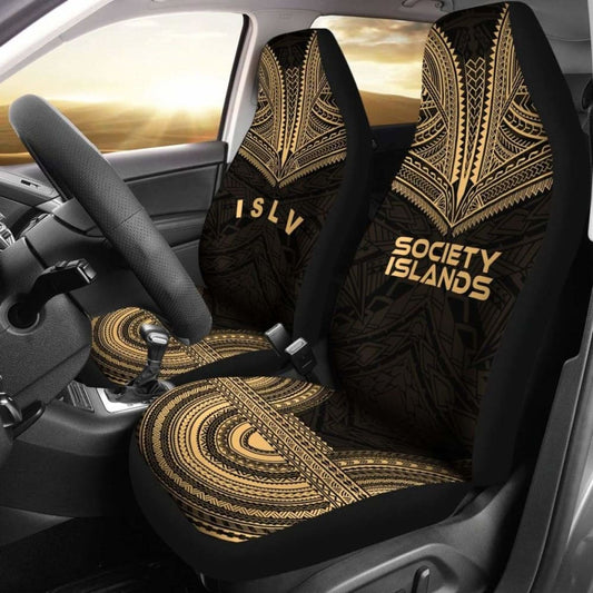 Society Islands Car Seat Cover - Society Islands Flag Polynesian Chief Tattoo Gold Version -