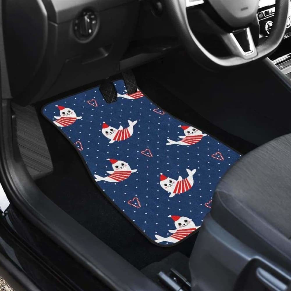 Cute Sea Lion Seal Christmas Hat Candy Cane Heart Pattern Front And Back Car Mats