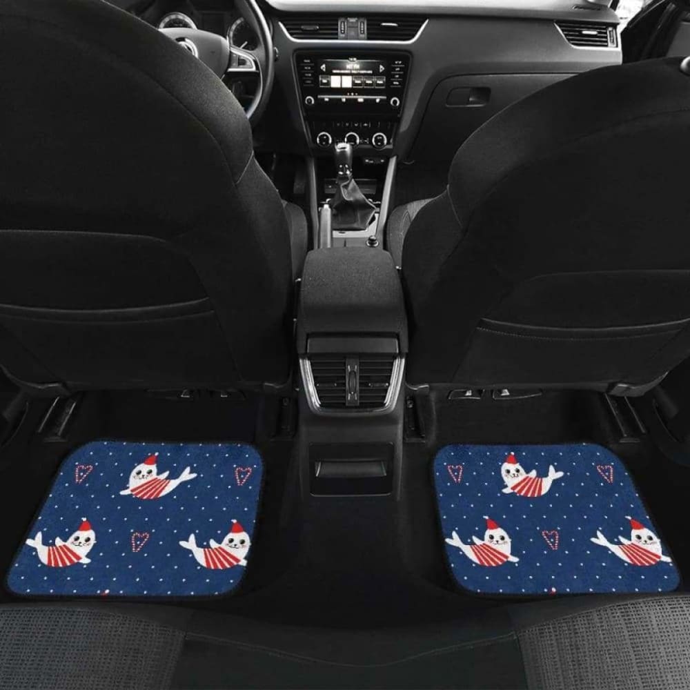 Cute Sea Lion Seal Christmas Hat Candy Cane Heart Pattern Front And Back Car Mats