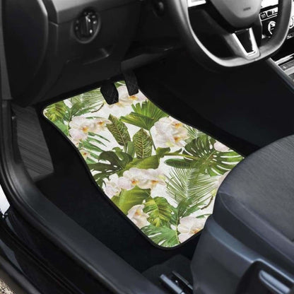 White Orchid Flower Tropical Leaves Pattern Front And Back Car Mats