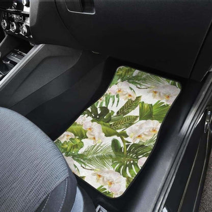White Orchid Flower Tropical Leaves Pattern Front And Back Car Mats