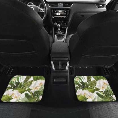 White Orchid Flower Tropical Leaves Pattern Front And Back Car Mats