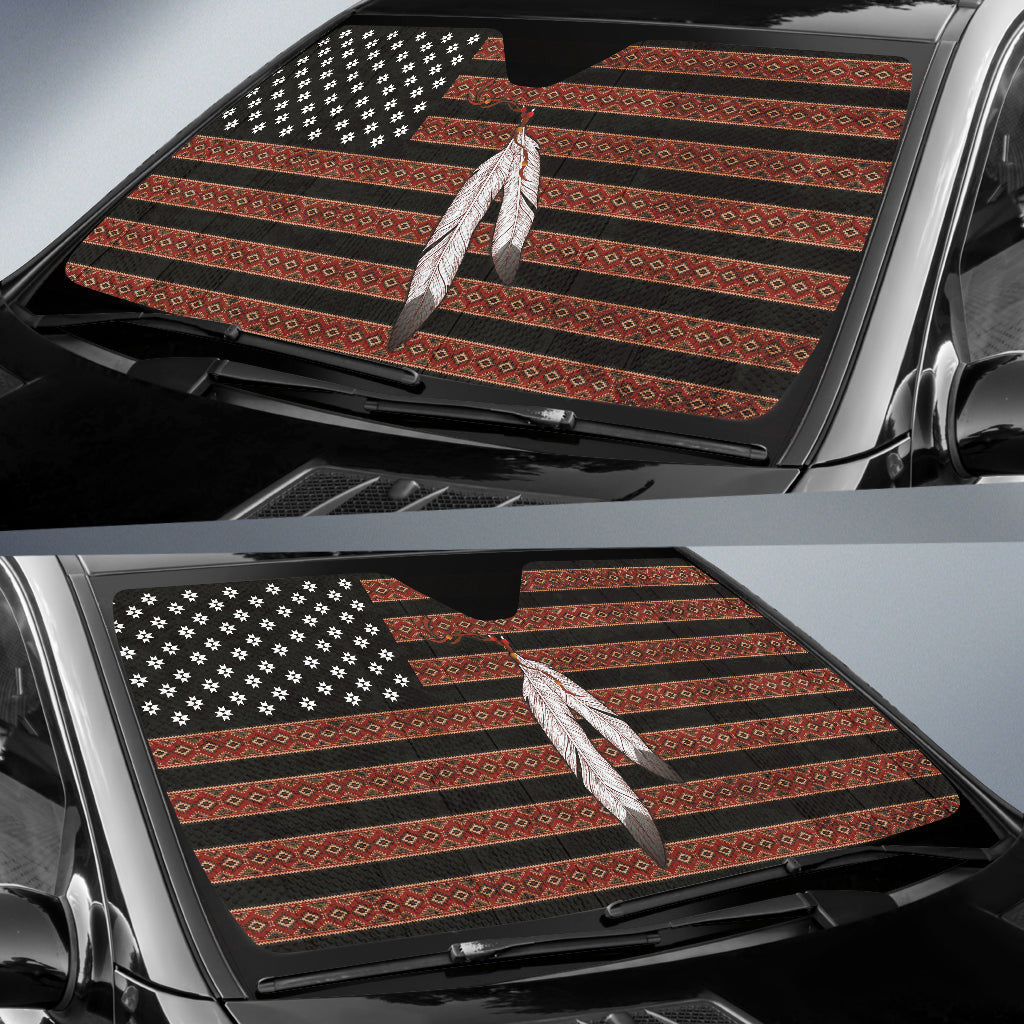 Native American USA Flag And Feather Car Auto Sun Shades