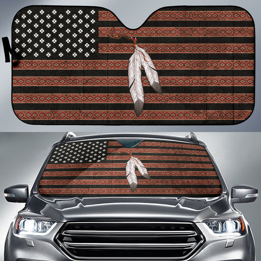 Native American USA Flag And Feather Car Auto Sun Shades