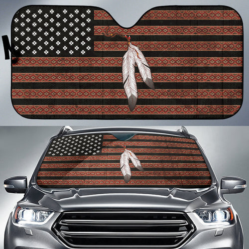 Native American USA Flag And Feather Car Auto Sun Shades