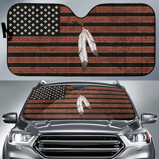 Native American USA Flag And Feather Car Auto Sun Shades
