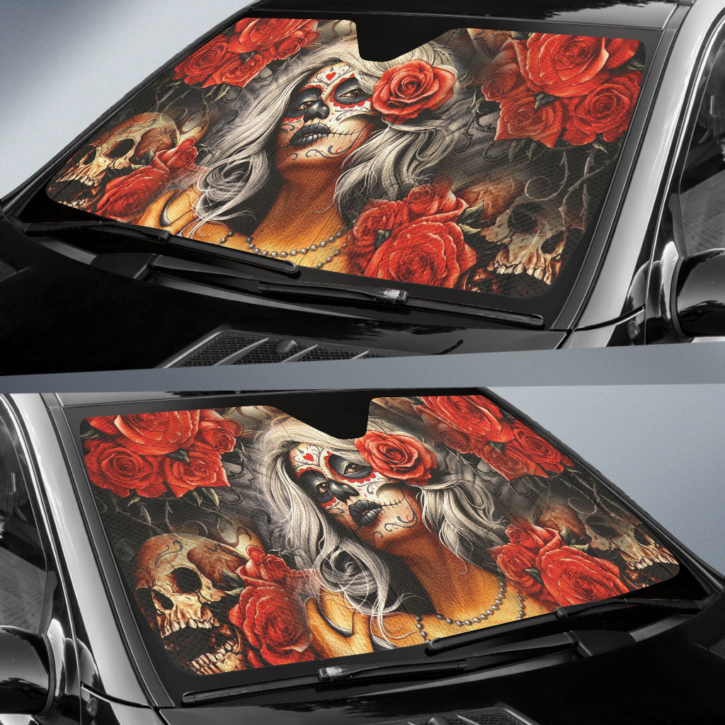 Sugar Skull Girl Flower Car Auto Sun Shades Car Accessories