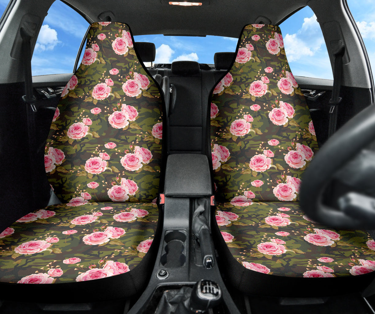 Pink Rose Camo Green Car Auto Seat Covers