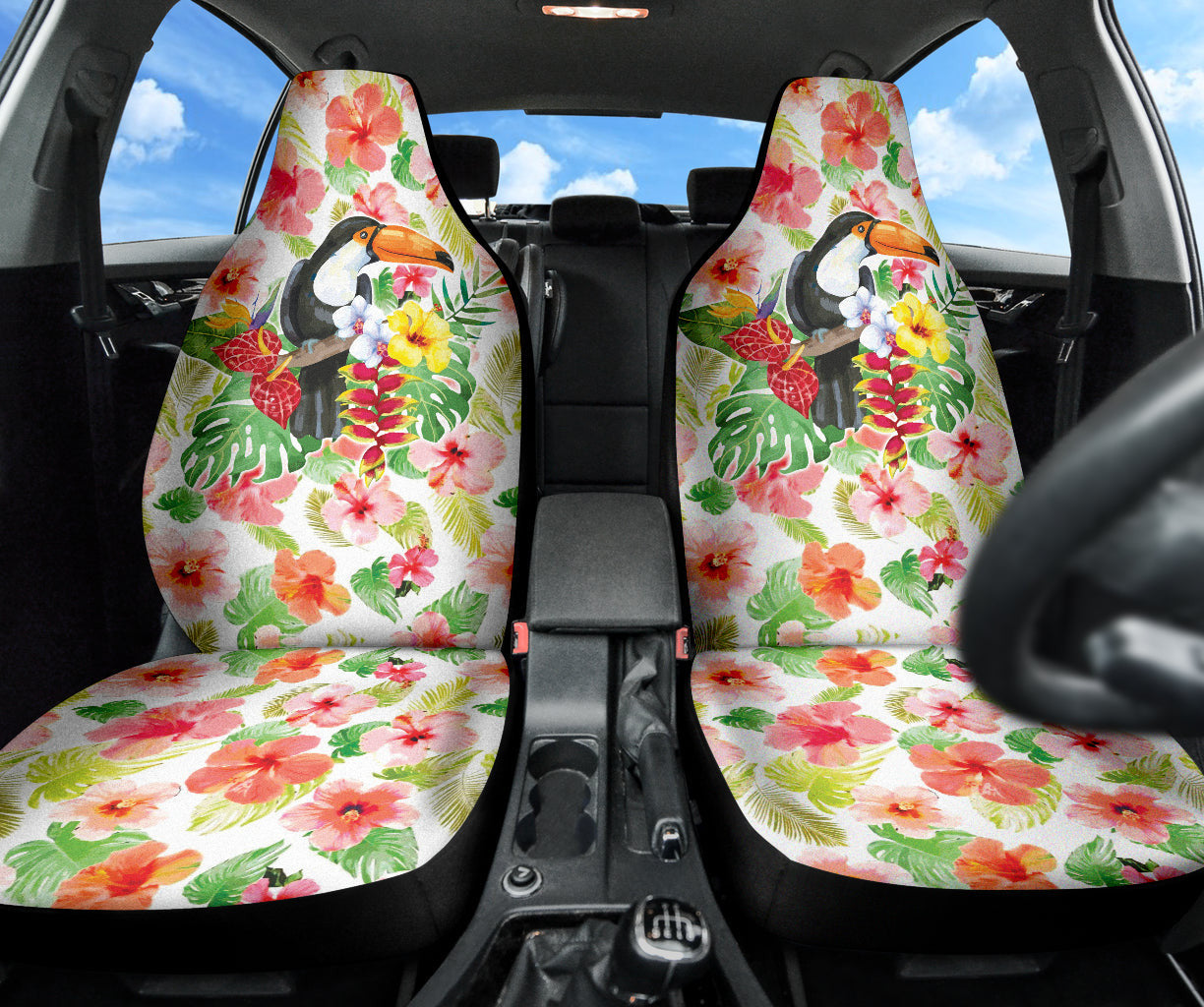 Pink Hibicus Toucan Watercolor Car Seat Covers