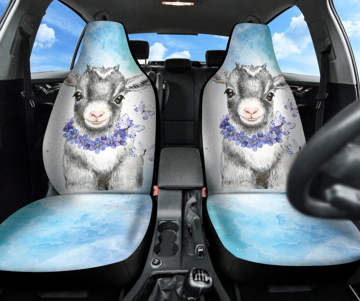 Goat Cute Blue Watercolor Car Seat Covers