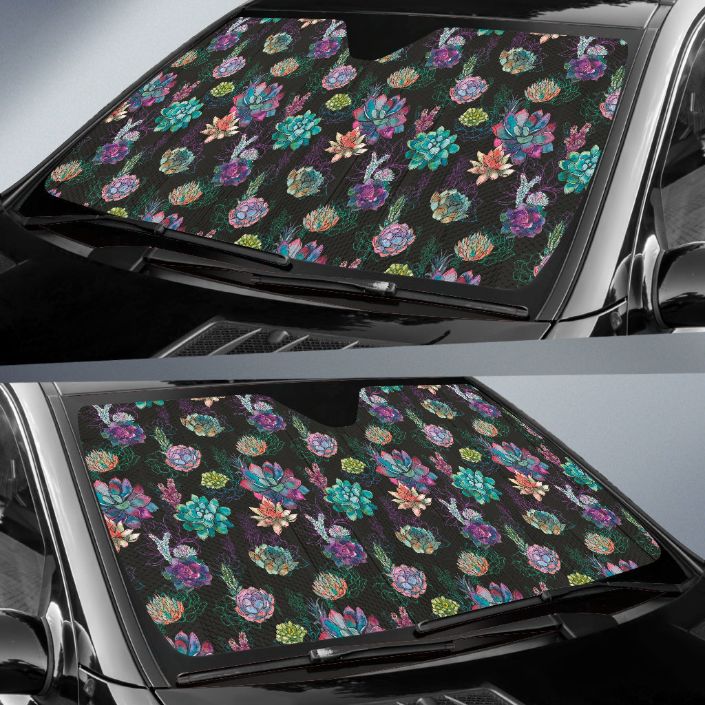 Succulent Colorful Black Background Watercolor Car Auto Sun Shades