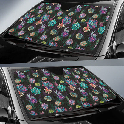 Succulent Colorful Black Background Watercolor Car Auto Sun Shades