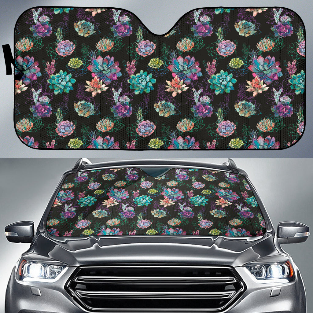 Succulent Colorful Black Background Watercolor Car Auto Sun Shades